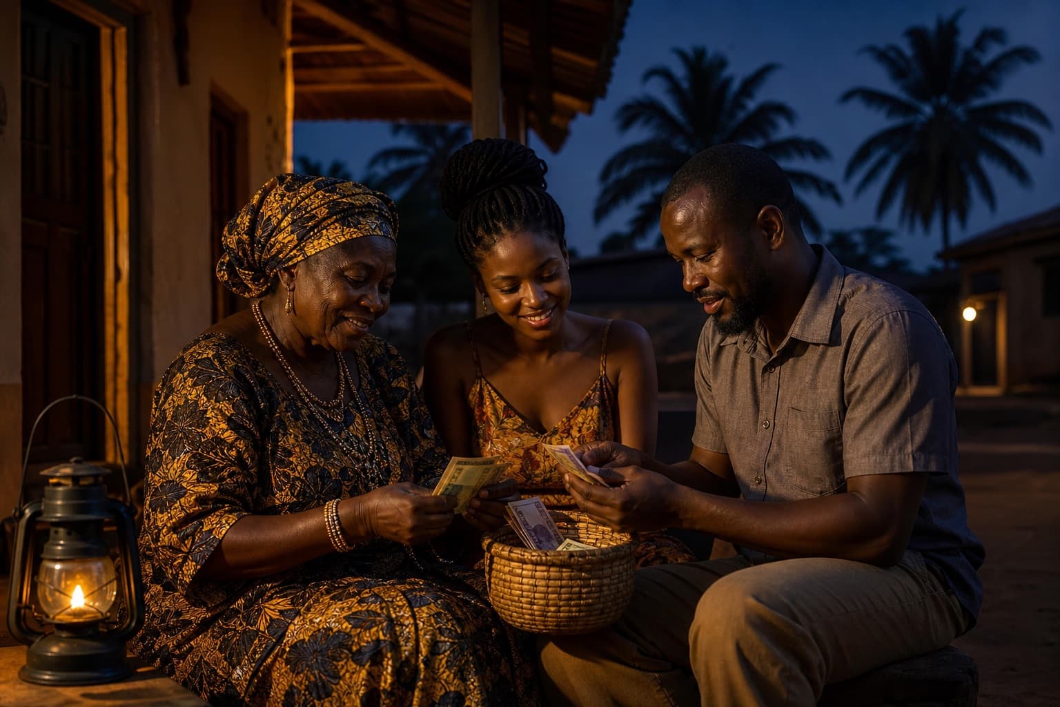 Family counting susu savings together at dusk