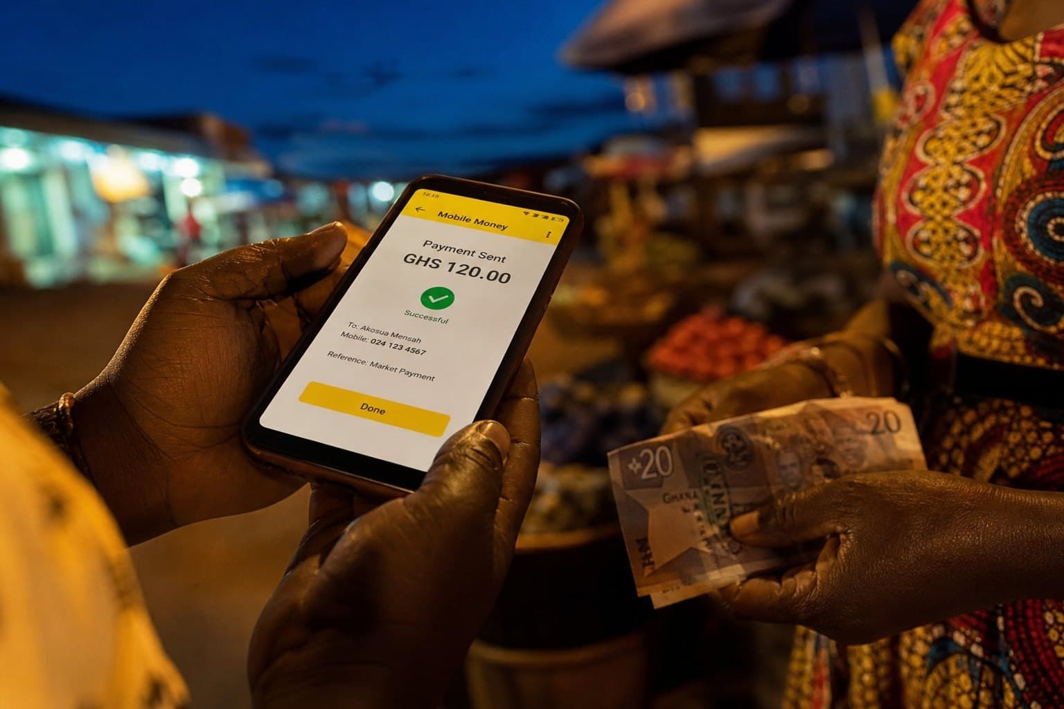 A successful Mobile Money payment at a Ghanaian night market