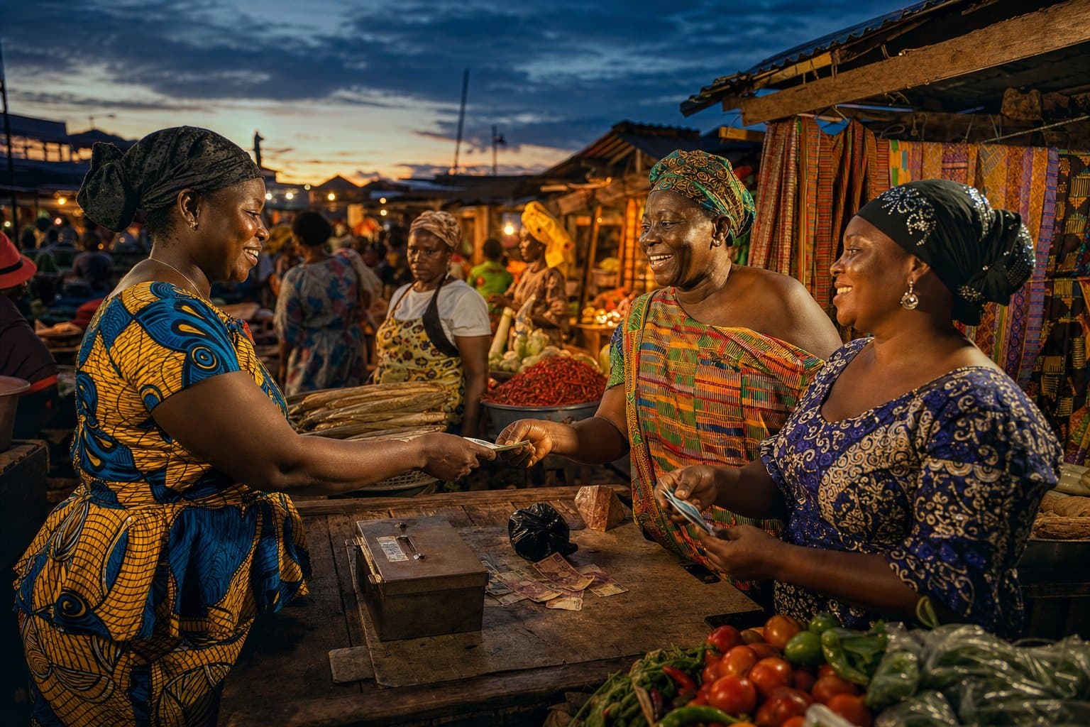 Ghanaian market women saving together at dusk